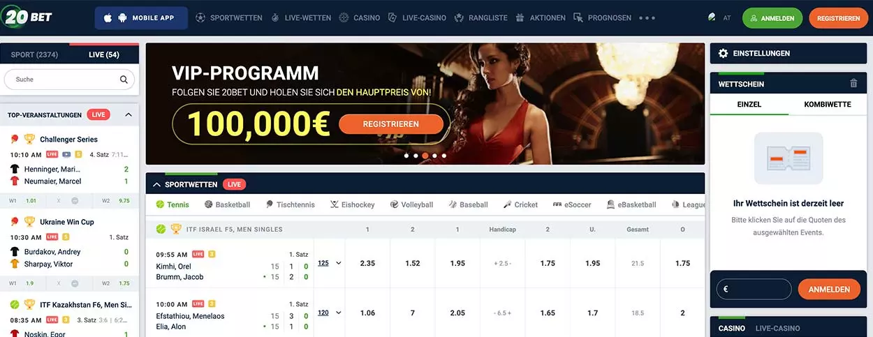 Ein Überblick über die Wettlinien von 20Bet sowie die Bewertungen des Krypto-Casinos.