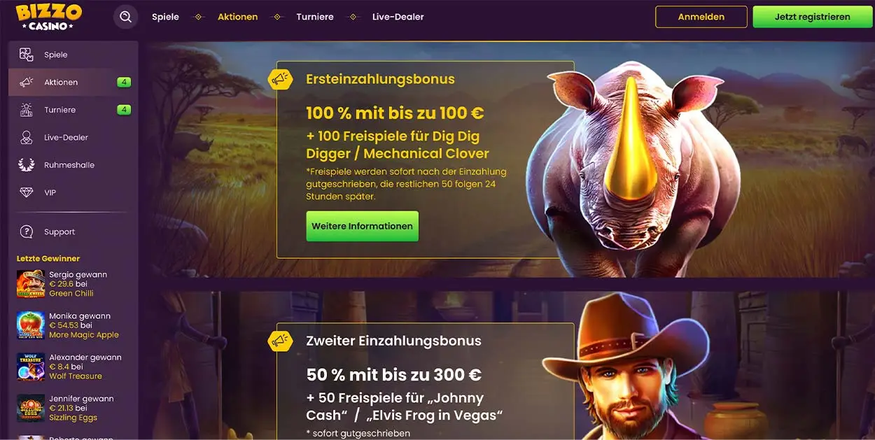 BizzoCasino Boni, Aktionen und Bonuscodes für Spieler aus Deutschland.