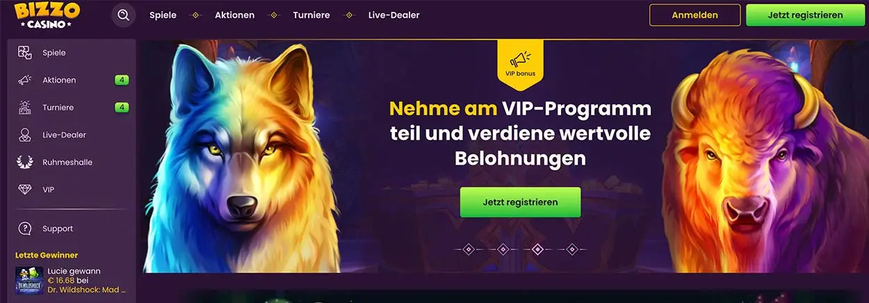 BizzoCasino DE - die Online-Glücksspielseite mit übersichtlicher Startseite.