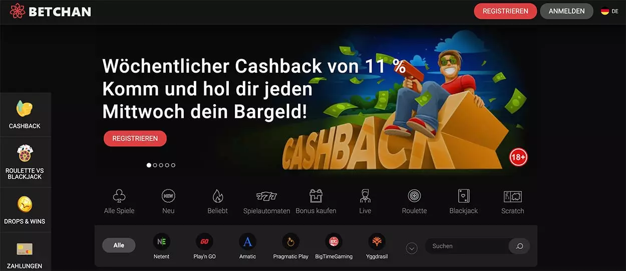 Betchan Casino Hauptlobby für DE