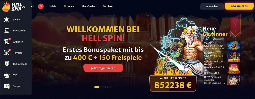 Die Homepage der Online-Glücksspielseite HellSpin Casino DE
