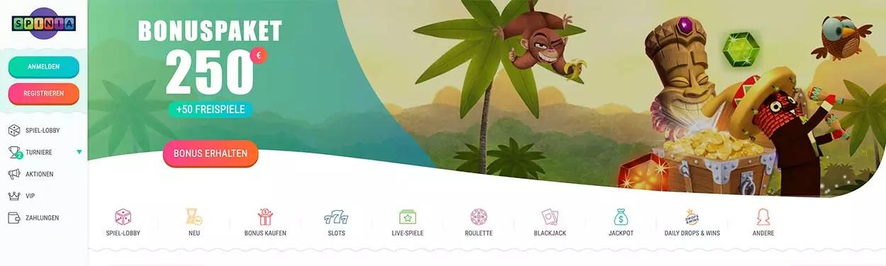 Die Homepage der Online-Spieleseite Spinia DE.